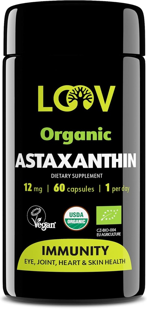 LOOV Natural Organic Astaxanthine 12mg – 60 jours d'approvisionnement – Max Strength Antioxydant – Oeil, articulaire, peau, immunité – de Microalgues – Non-OGM, végétalien, durable