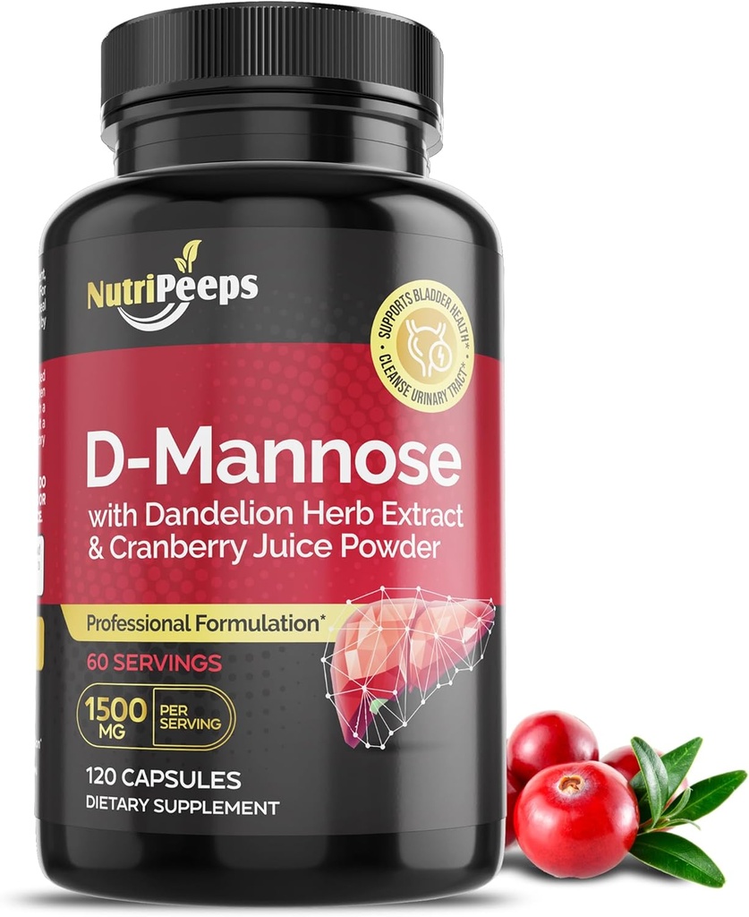 D-Mannose 1500mg, 120 Capsules avec Extraits d'herbe de dandelion et de canneberges, Nettoyant naturel de l'urine pour le soutien UTI, Flushing et la désintoxication des impuretés, pour les hommes et les femmes.