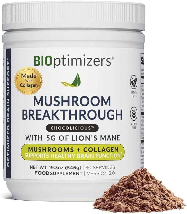 BIOptimizers Coffee Alternative de champignons – Boissons chocolatées – Lion, Chaga, Reishi + Collagen Peptides pour Focus, Energy & Gut Health – Champignons adaptogènes et poudre MCT – 15 portions
