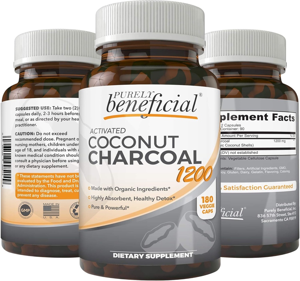 Activated Coconut Charcoal 1200mg, 180 Capsules - Pills for Digestive System, Bloating, Vegan (1bottle)