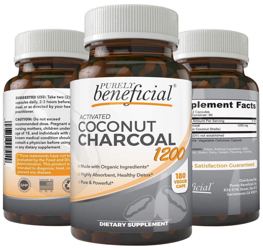 Charbon de noix de coco activé 1200mg, 180 Capsules - Pills pour système digestif, Bloat, végétalien (1bouteille)