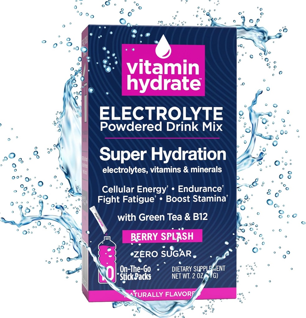 Mélange de boisson en poudre d'hydroxyde de vitamine, Super hydratation, Boost Stamina & Combats Fatigue, Bursting avec des électrolytes, Vitamines & Minéraux, 0 Sucre, Berry Splash, 10 Stick Packs