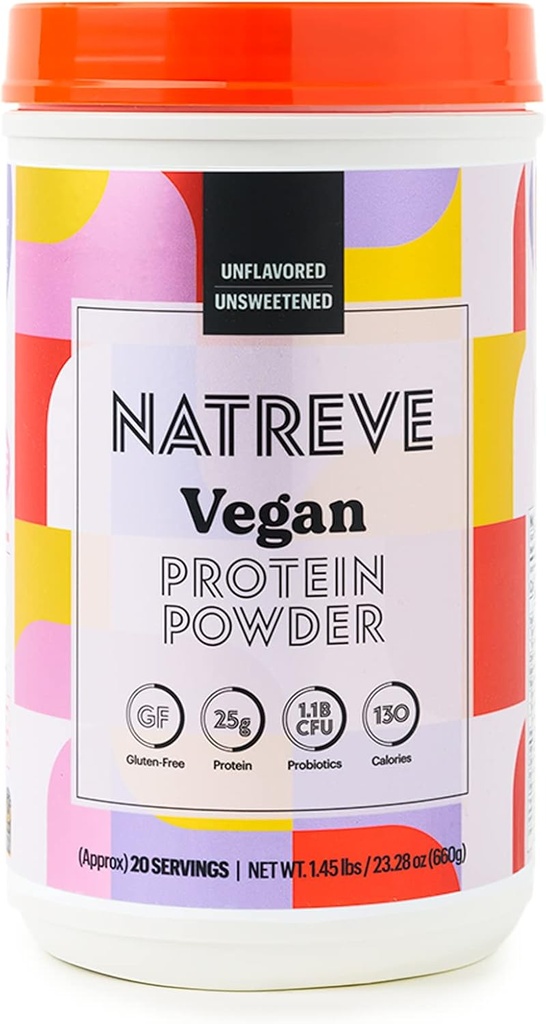 Natreve Poudre de protéines végétaliennes - 25g Poudre de protéines végétales avec probiotiques et acides aminés - Sans gluten et sans saveur, 20 portions