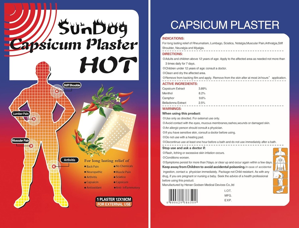 SunDog Natural Pain Relief Patchs (10 Pack) - Extra Large, Pas de produits chimiques, 24 heures de longue durée - Capsaicin + Menthol Therapy pour la douleur au dos, la douleur musculaire, l'arthrite - Patchs chauds et froids Premium