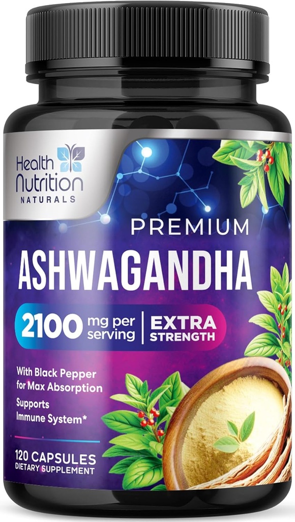 Suppléments Ashwagandha - 2100mg Ashwagandha Capsule pour les femmes et les hommes, Support antioxydant naturel, Extrait de racine Ashwa, Support calmant extra-fort avec poivre noir, végétalien et sans gluten - 120 capsules