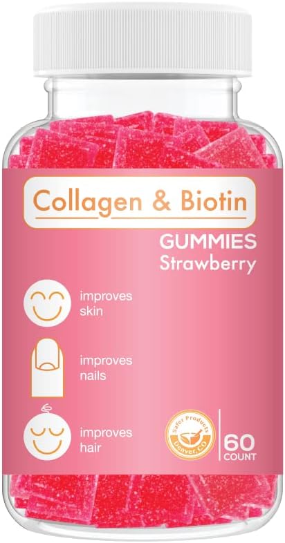 Collagen Biotin Gommies - Soutient la croissance des cheveux, de la peau et des ongles Soins anti-vieillissement Vitamines gommy à croquer, Végétaliens, Non-OGM, Sans gluten, Grain de fraise gélatine 60 Comte, Rose