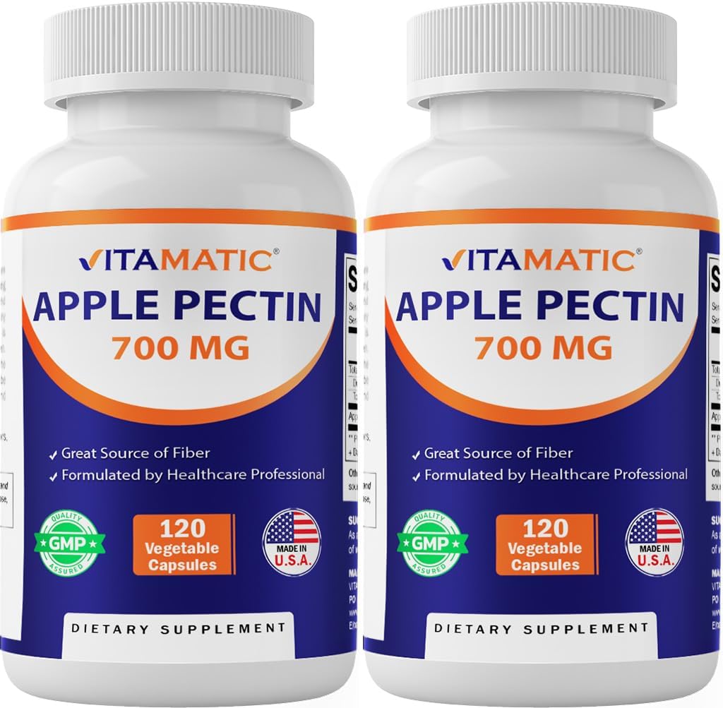 Vitamatic Apple Pectin 700mg – 120 Vegetarian Capsules per Bottle | 2-Pack (240 Vegetarian Capsules) Natural Dietary Fiber Supplement – Supports Digestive Health & Regularity*