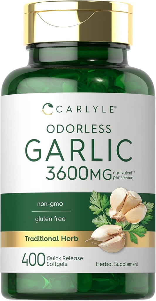Carlyle Odorless Ail Softgels 3600 mg , 400 Count , 400 Alnium Sativam Bulb , Supplément sans gluten