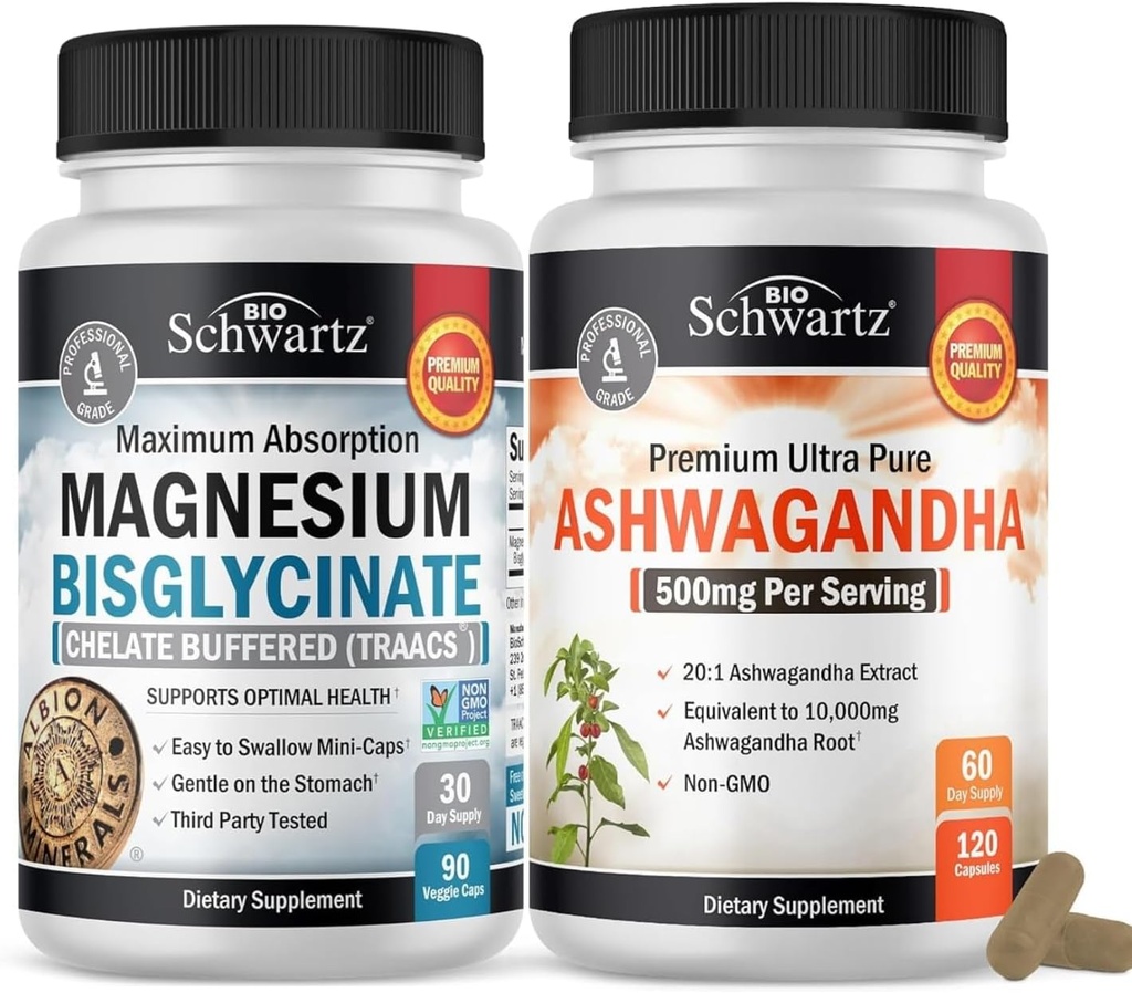 Capsules d'Ashwagandha (2 mois d'approvisionnement) Plus Capsules de bisglycinate de magnésium à absorption élevée (1 mois d'approvisionnement