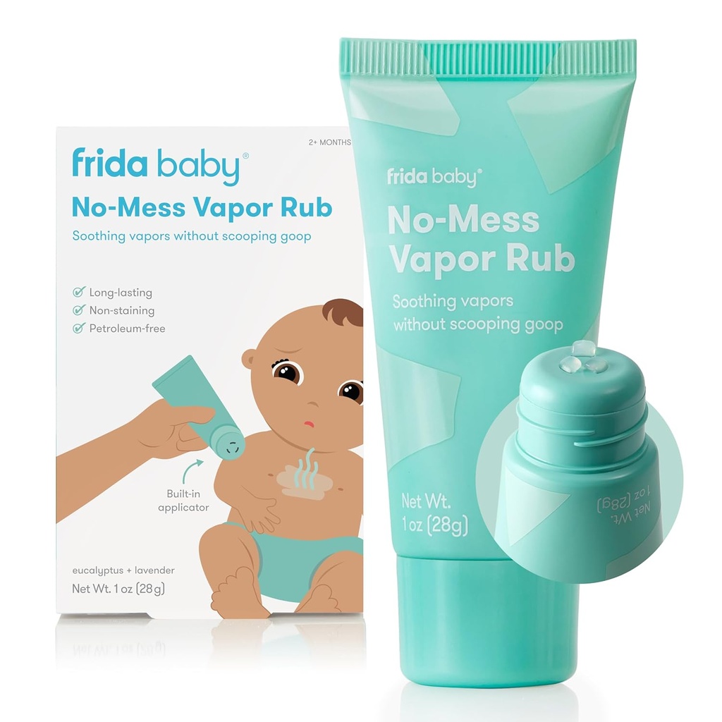 Frida Baby No-Mess Vapor Rub, Baby Vapor Rub pour la poitrine, cou, dos + pied, non médicamenté, sans pétrole, applicateur sans mains tube, non stérilisant, apaisant Eucalyptus et lavande pour le sommeil