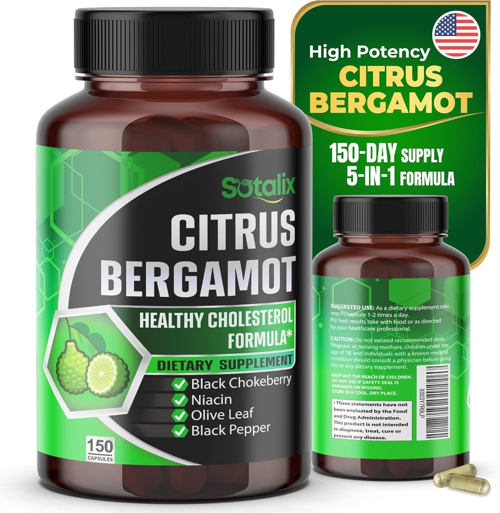 Supplément de Bergamote bio à agrumes premium avec niacine noir Chokeberry Olive Leaf Black Pepper - Heart & Circulatory Function Support 150 jours (150 comte (paquet 1))