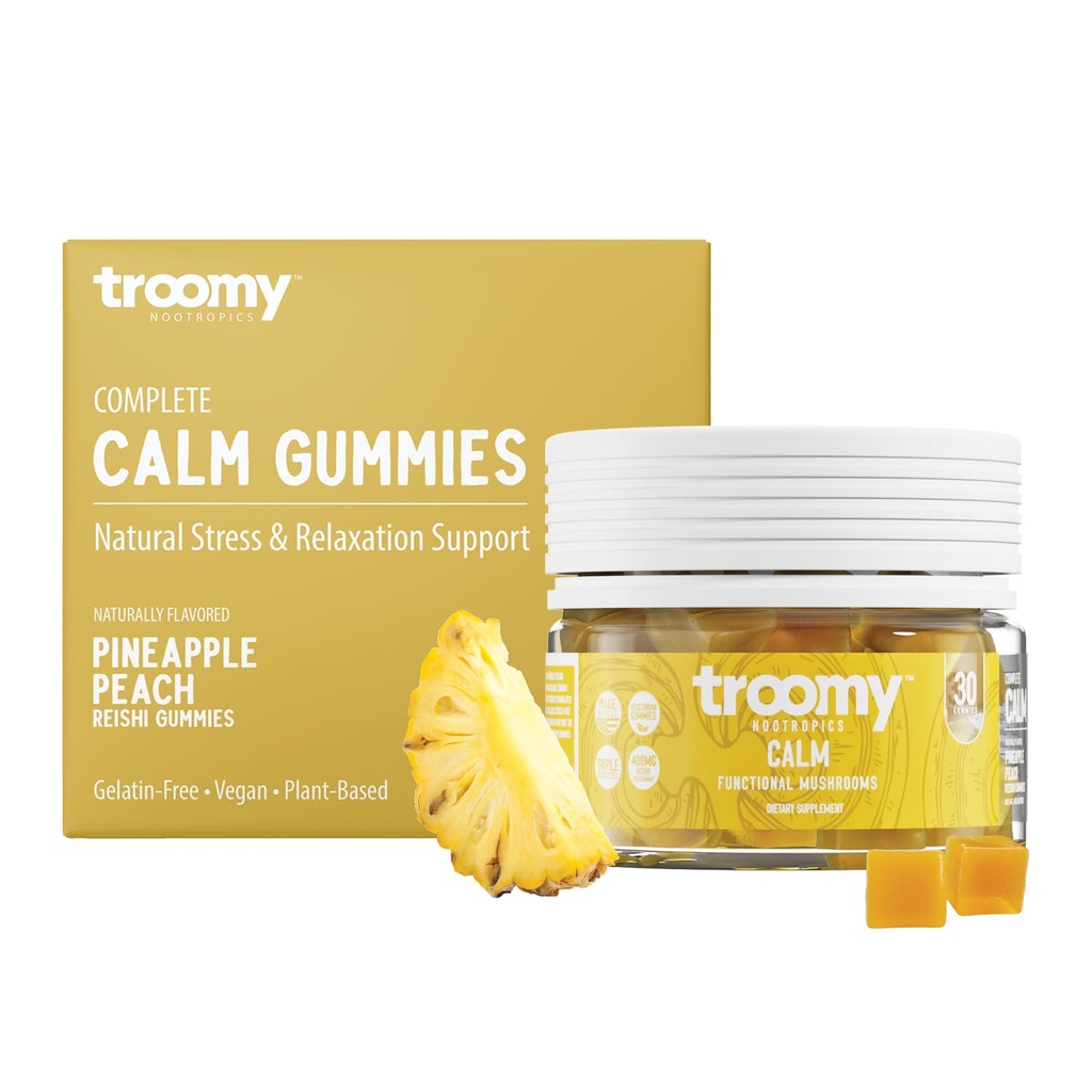 Troomy Reishi Gummies calmes Ananas naturel Pèche Flavor, sans gélatine, sans gluten et végétarien - 30 Comte