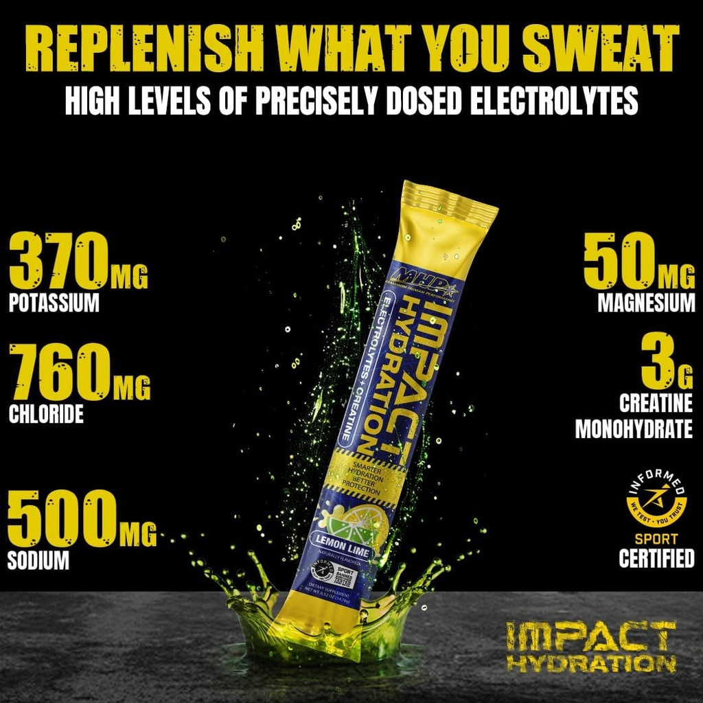 MHP Impact Hydratation Electrolyte Creatine Sports Drink Stick Pack, Pas d'édulcorants artificiels ou de couleurs, Performance, Récupération, Citron Lime, 14 Compte