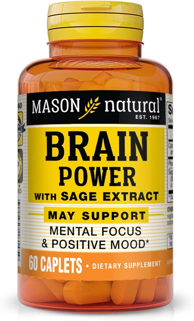 MASON NATURAL Cerveau Power with Sage Extract & Calcium, Supplément quotidien pour l'attention mentale normale et le soutien de l'humeur, approvisionnement de 60 jours