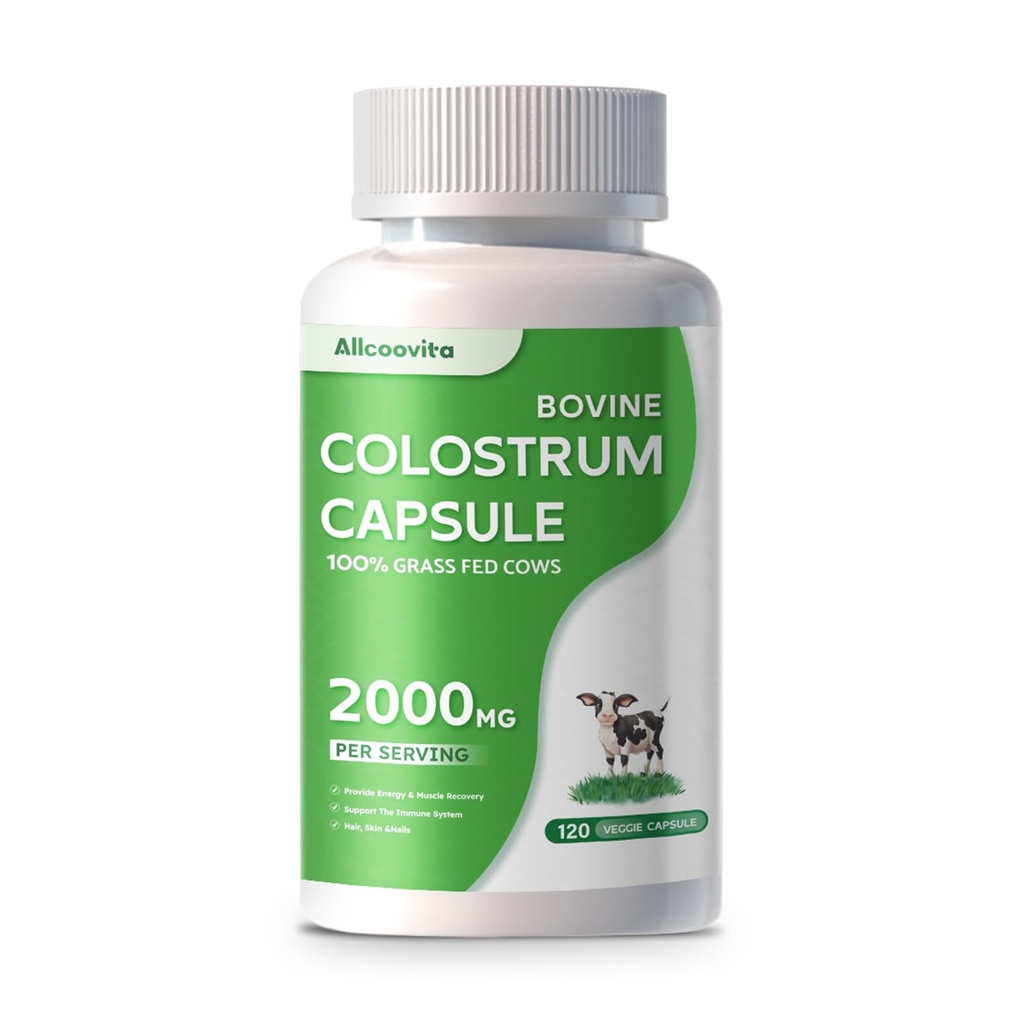 Bovine Colostrum Capsules Supplément 2000mg- 120 Capsules - Gut Health, Muscle Recovery, Énergie, Cheveux, Peau et Supplément Immune.