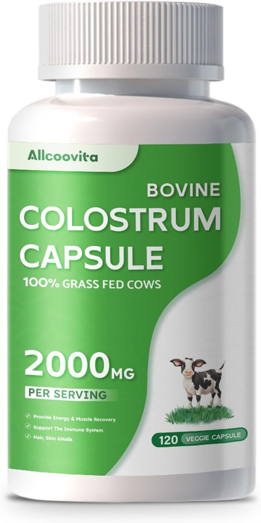 Bovine Colostrum Capsules Supplément 2000mg- 120 Capsules - Gut Health, Muscle Recovery, Énergie, Cheveux, Peau et Supplément Immune.