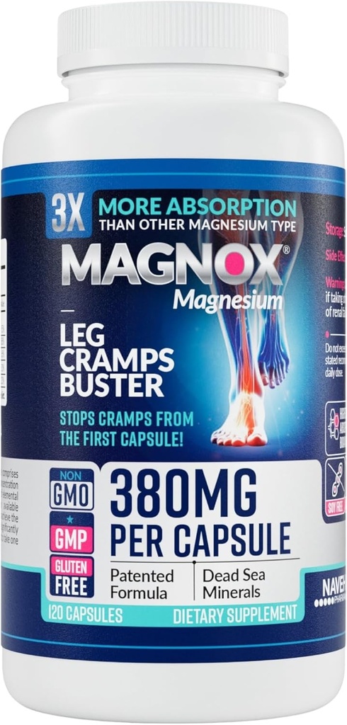 MAGNOX® Crampes de jambe Buster (en anglais seulement) 380mg Magnésium pour les crampes de jambe à la nuit Supplément de magnésium pour spasmes musculaires (en anglais seulement) 3X Plus Absorption (en anglais seulement) Minéraux de mer Morte (en anglais seulement)