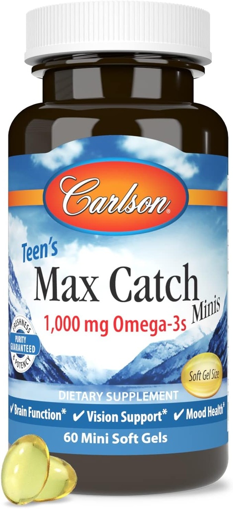 Carlson - Max Catch Minis, 1000 mg Oméga-3s, Santé du cerveau, Soutien de la vision, Santé de l'humeur, 60 Softgels