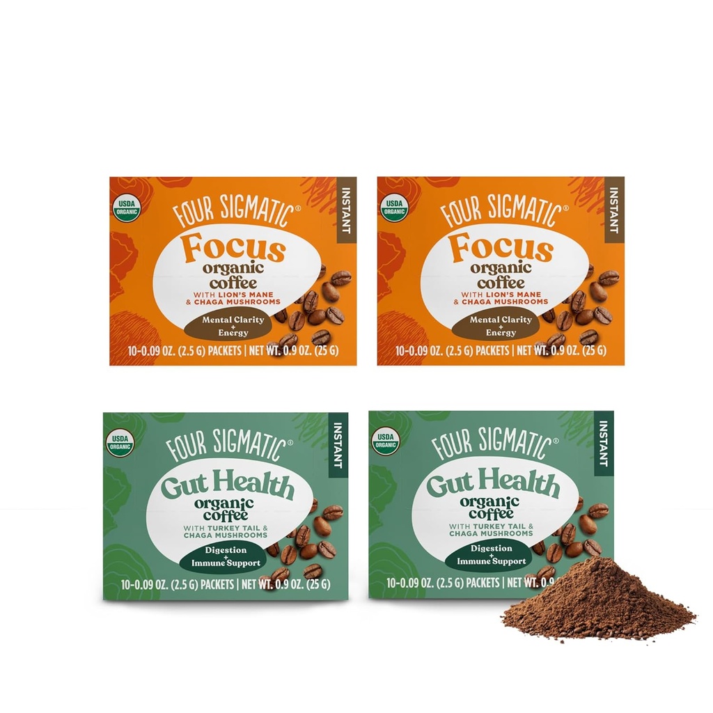 Four Sigmatic Mushroom Coffee Mix Pack de 4 - Lion's Mane et Chaga & Cordyceps et Chaga - 10 Packets par boîte