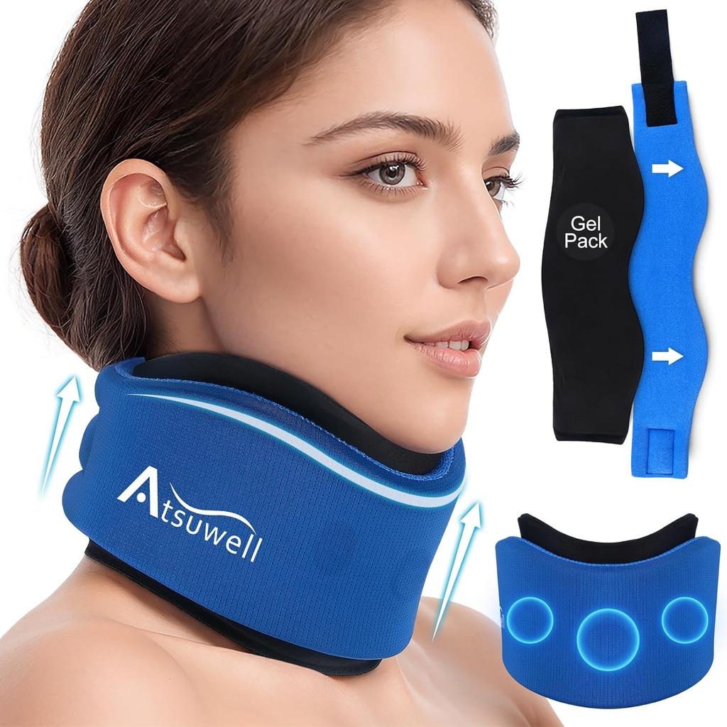Atsuwell Neck Brace pour le sommeil, Col cervical doux pour le soutien, Ajustable Neck Support Brace avec les paquets de gel froid chaud réutilisable pour la pression de bureau, Fatigue, Bleu