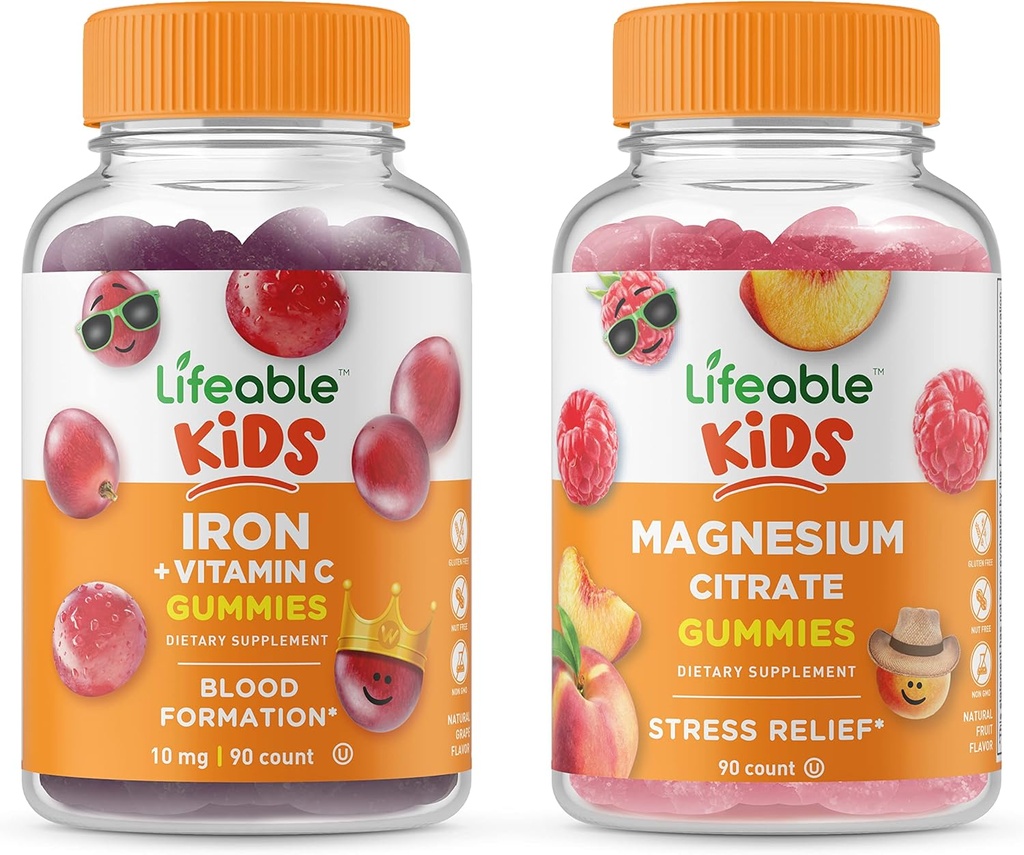 Citrate de Magnésium Lifeable Enfants + Fer et Vitamine C Enfants, Gommies Bundle - Grande dégustation, supplément de vitamine, sans gluten, sans OGM, Gummy à croquer