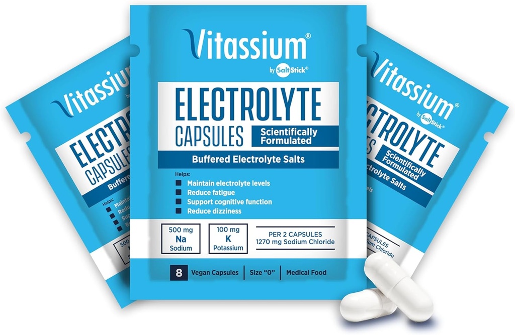 Capsules de Vitassium, électrolytes pour la prise en charge alimentaire des symptômes du syndrome de POTS (500 mg de sodium - 100 mg de potassium), 240 Capsules de sel buffered