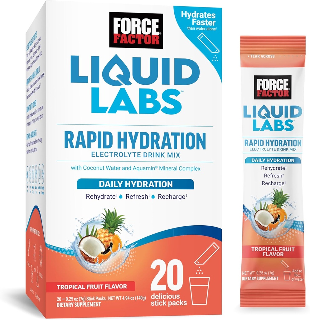 FACTEUR DE FORCE Laboratoires liquides Electrolytes Packs en poudre—Fruits tropicaux—Paquets d'hydration pour faire de l'eau électrolyte, avec 5 électrolytes essentiels, vitamines, minéraux et antioxydants, boîtes de 20 bâtons