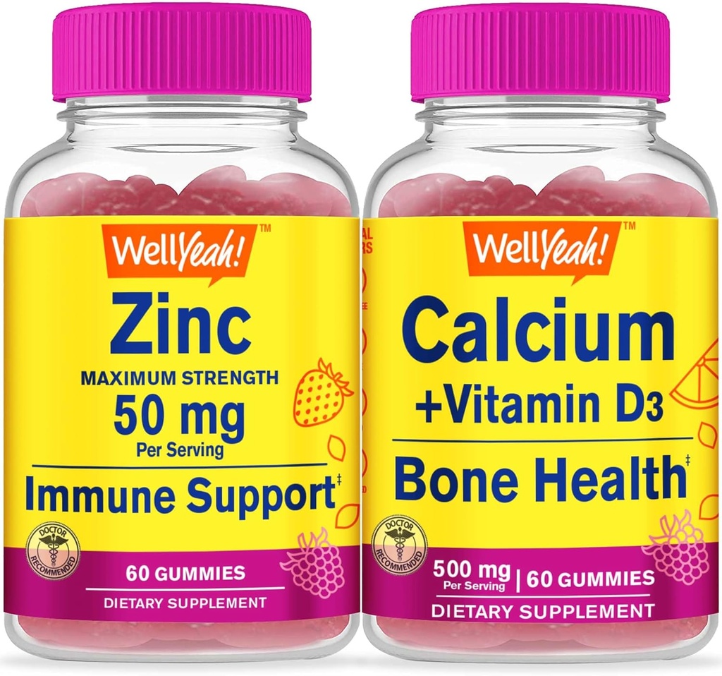 Eh bien oui Zinc + Calcium + Vitamine D3, Gommies Bundle - Grande dégustation, supplément de vitamine, sans gluten, sans OGM, gommy à croquer