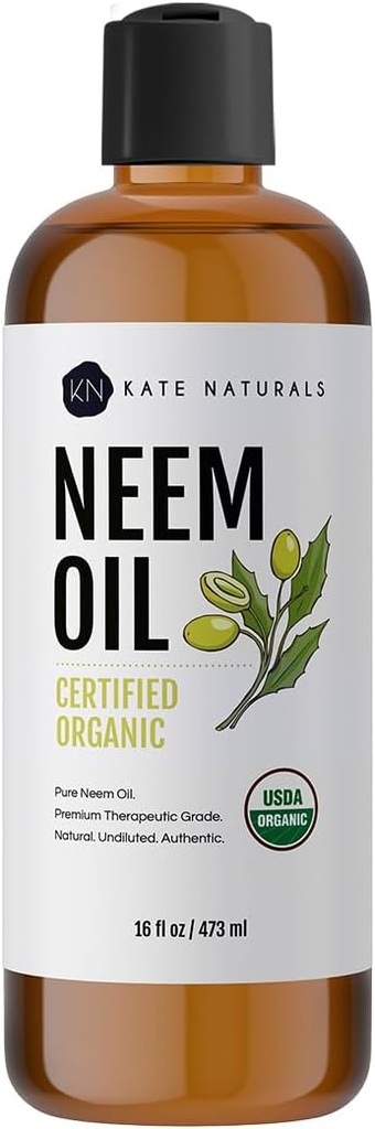 Kate Naturals Huile de Neem pour pulvérisation végétale. Neem 100% pressé à froid pur Concentré avec Azadirachtin (16oz, sans danger pour les animaux, chiens)