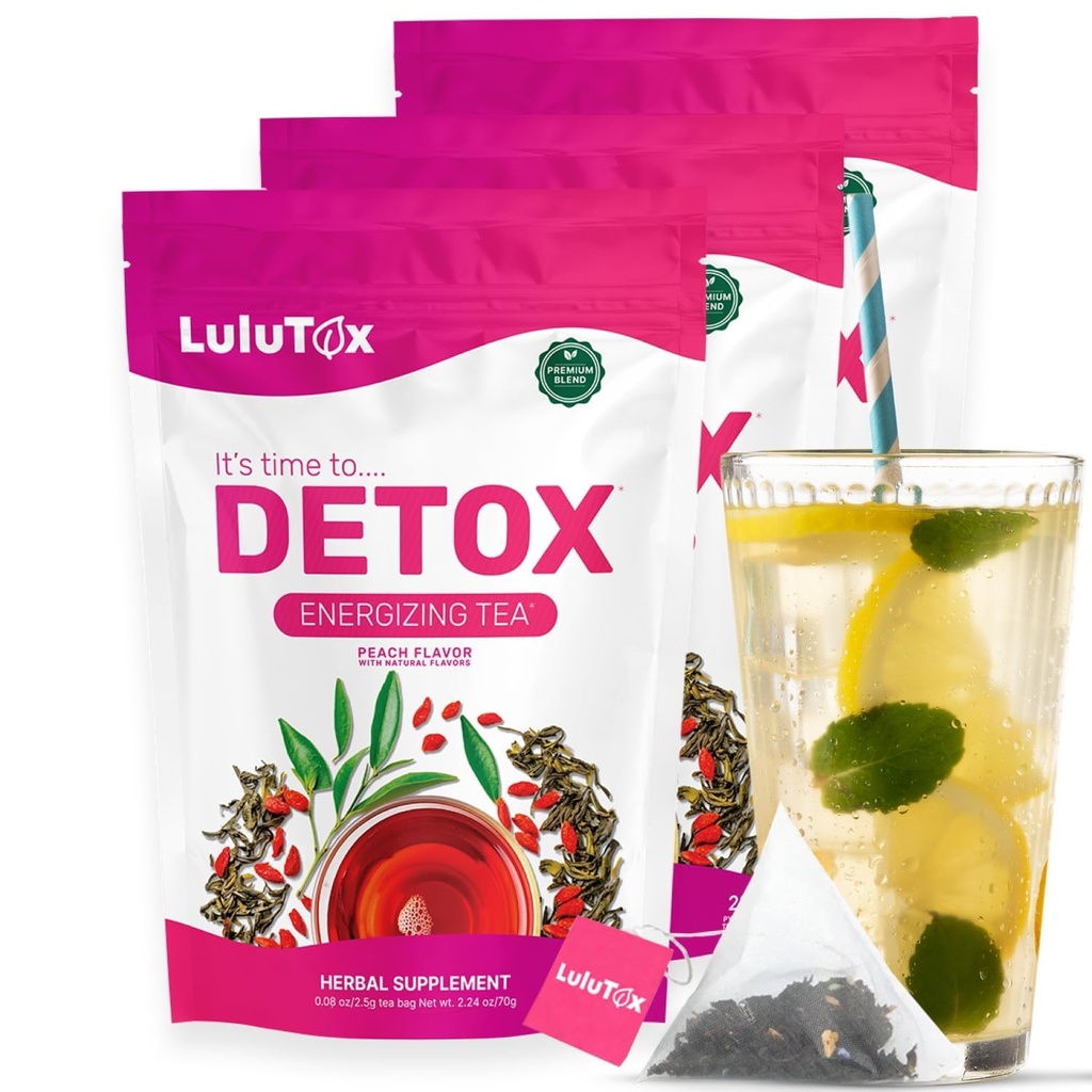 LULUTOX Detox Tea - Mélange à base de plantes avec du dandelion, du ginseng et du gingembre - Soutient un poids sain, une santé digestive - Vegan, tout naturel, sans laxatif - Saveur de pêche (3 pack x 28 portions)