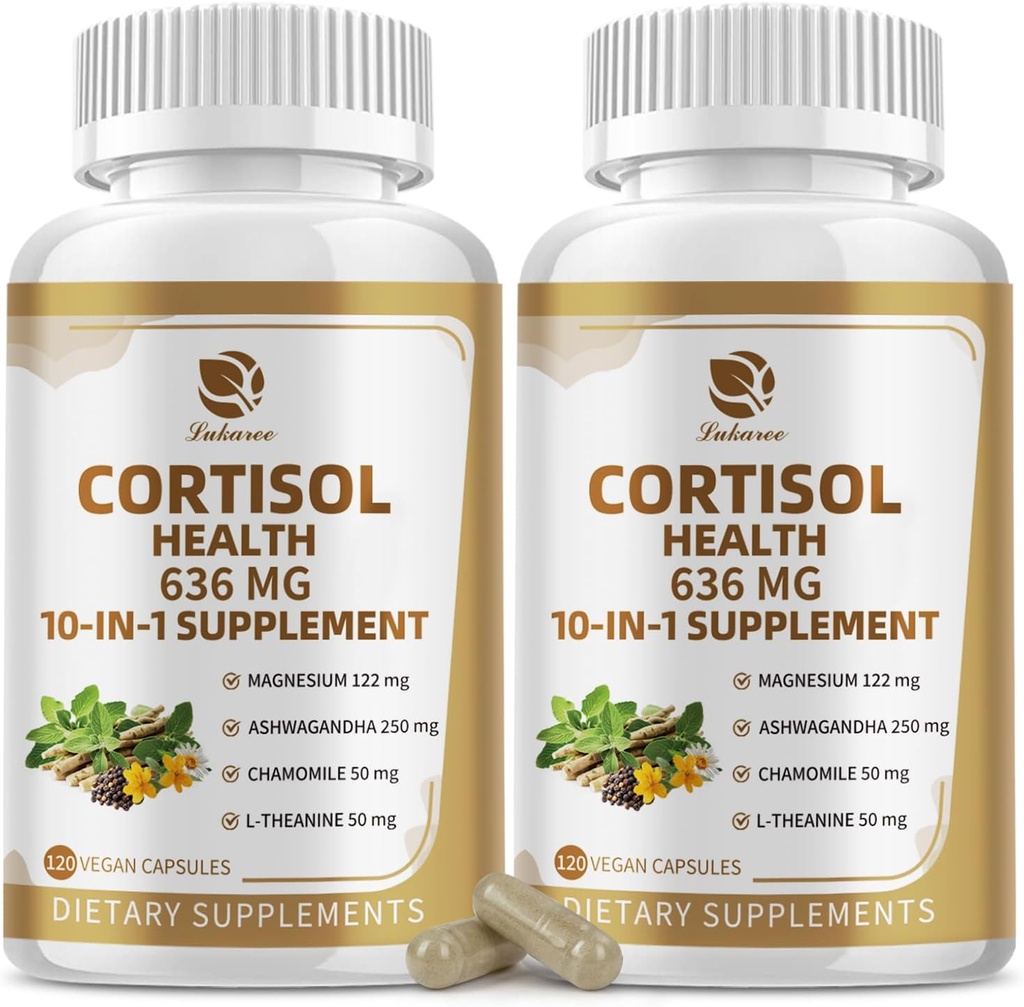 Suppléments de cortisol 10-IN-1 avec Magnésium, Ashwagandha, Camomille, L-Theanine, Phosphatidylsérine, millepertuis, Astragalus, Vitamine C & D3, Pour les femmes hommes, 240 capsules végan pendant 4 mois, non OGM