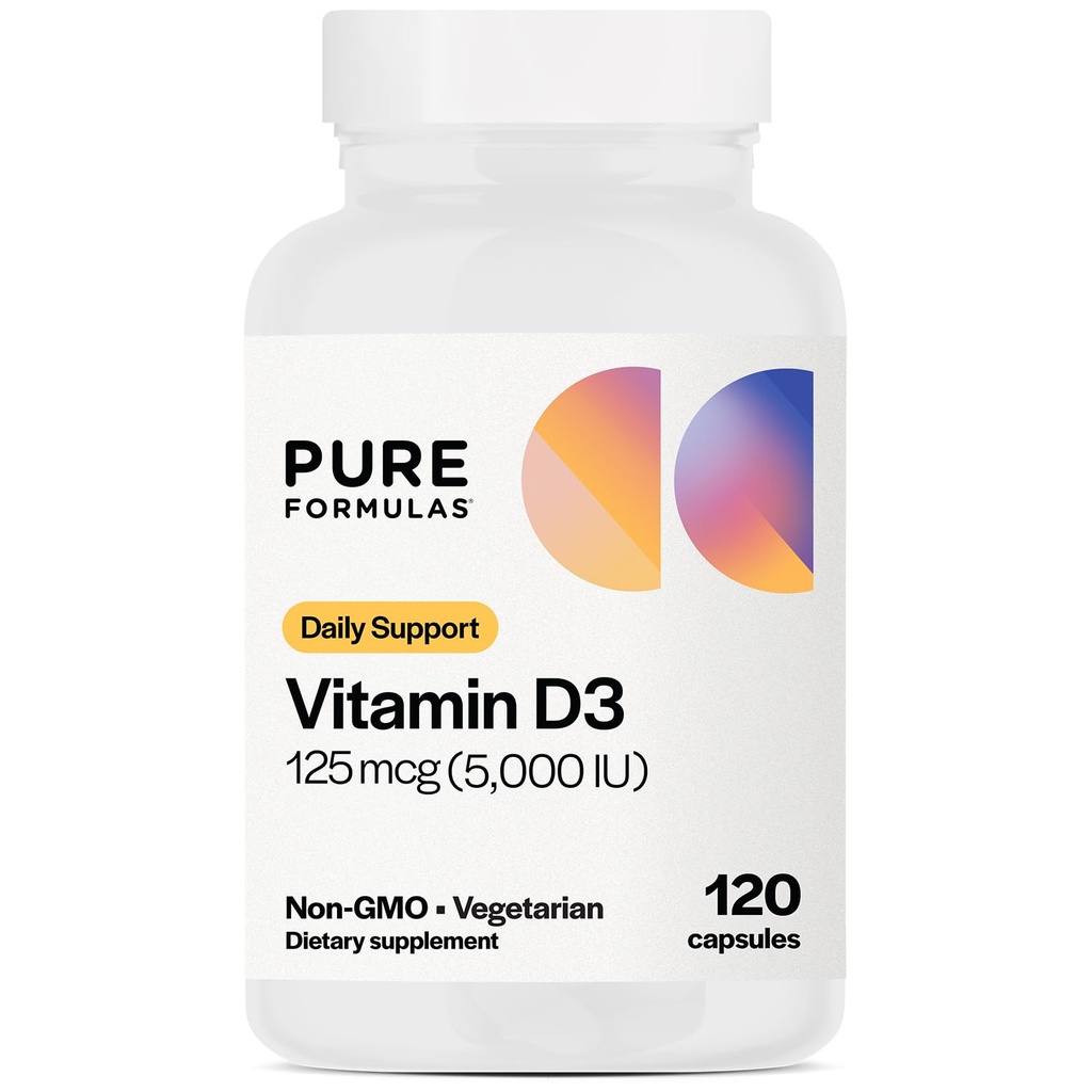 PureFormulas Vitamine D3 5 000 UI 125 mcg - Supplément Vitamine D pure pour la formation des os sains, les dents, la santé cardiovasculaire et immunitaire Soutien non-OGM - 120 capsules végétariennes de dénombrement