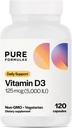 PureFormulas Vitamine D3 5 000 UI 125 mcg - Supplément Vitamine D pure pour la formation des os sains, les dents, la santé cardiovasculaire et immunitaire Soutien non-OGM - 120 capsules végétariennes de dénombrement