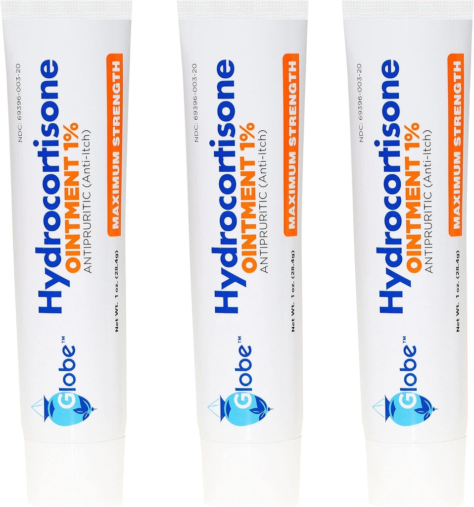 (3 Pack) Globe Hydrocortisone Concentration maximale Onguent transparent 1%,1 oz, Onguent thématique anti-Itch pour rougeur, gonflement, démangeaison, rash, Bug/Mosquito Bites, Eczéma, Hémorroïdes et plus