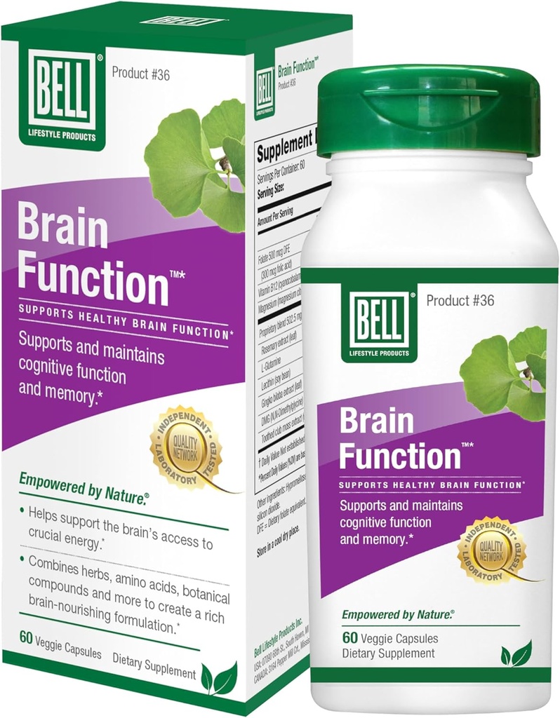 Bell Brain Function Lifestyle, Supports Cognitive Health with Ginkgo, Vitamin B12, Folate - 60 Vegetarian Capsules