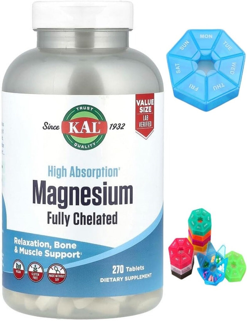 Fabriqué pour KAL, Magnésium, Entièrement Chélaté, Haute Absorption, 270 Comprimés + 1 Mini Pill Box pendant 7 jours