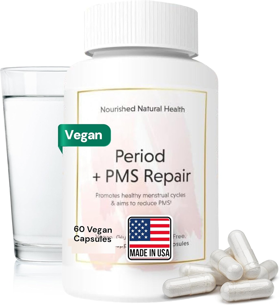 Nourished Period + PMS Repair - Menstrual Cycle Support Supplement for Women - Vegan Formula for Monthly Cycles, Cramping, Mood, Headaches - 60 Capsules