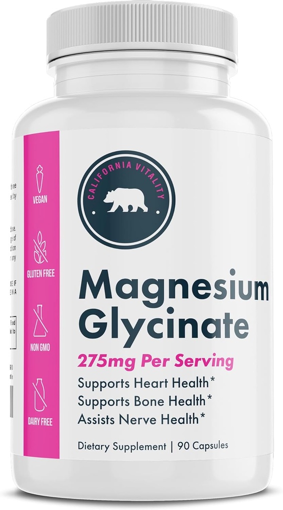 Glycinat de magnésium - 275mg par portion, fabriqué aux États-Unis, végétalien, non OGM, sans gluten et sans produits laitiers - 90 Capsules