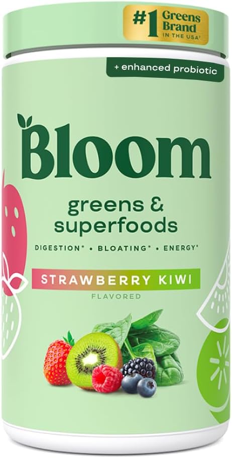 Bloom Nutrition Superfood Greens Poudre, Enzymes digestifs avec probiotiques et prébiotiques, Gut Health, Bloating Relief pour les femmes, Chlorella, Green Juice Mix w Beet Root Powder, 60 SVG, Strawberry Kiwi