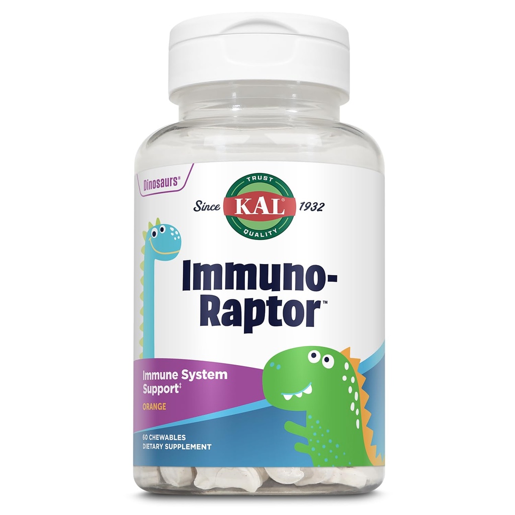 KAL ImmunoRaptor Kids Immune Support Chewables, vitamine C et zinc pour une fonction cellulaire saine, dinosaure en forme, saveur orange, gluten, lactose et sans arachide, sucré avec du Xylitol, 60 portions