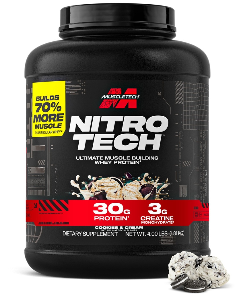 Muscletech Whey Protein Powder (Cookies & Cream, 4 Pound) - Nitro-Tech Ultimate Muscle Building Formula with Whey Protein Isolate - 30g of Protein, 3g of Creatine & 6.8g of BCAA - Packaging May Vary