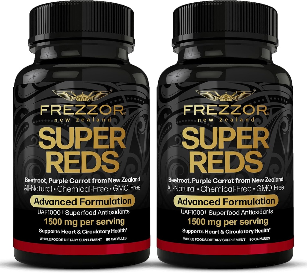 FREZZOR Super Reds Capsules with UAF1000+, All-Natural New Zealand Red Superfood Energy, Essential Red Fruits Veggies & Beets, Antioxidants, Enzymes, Energy Supplements, 180 Capsules, 2 Bottles
