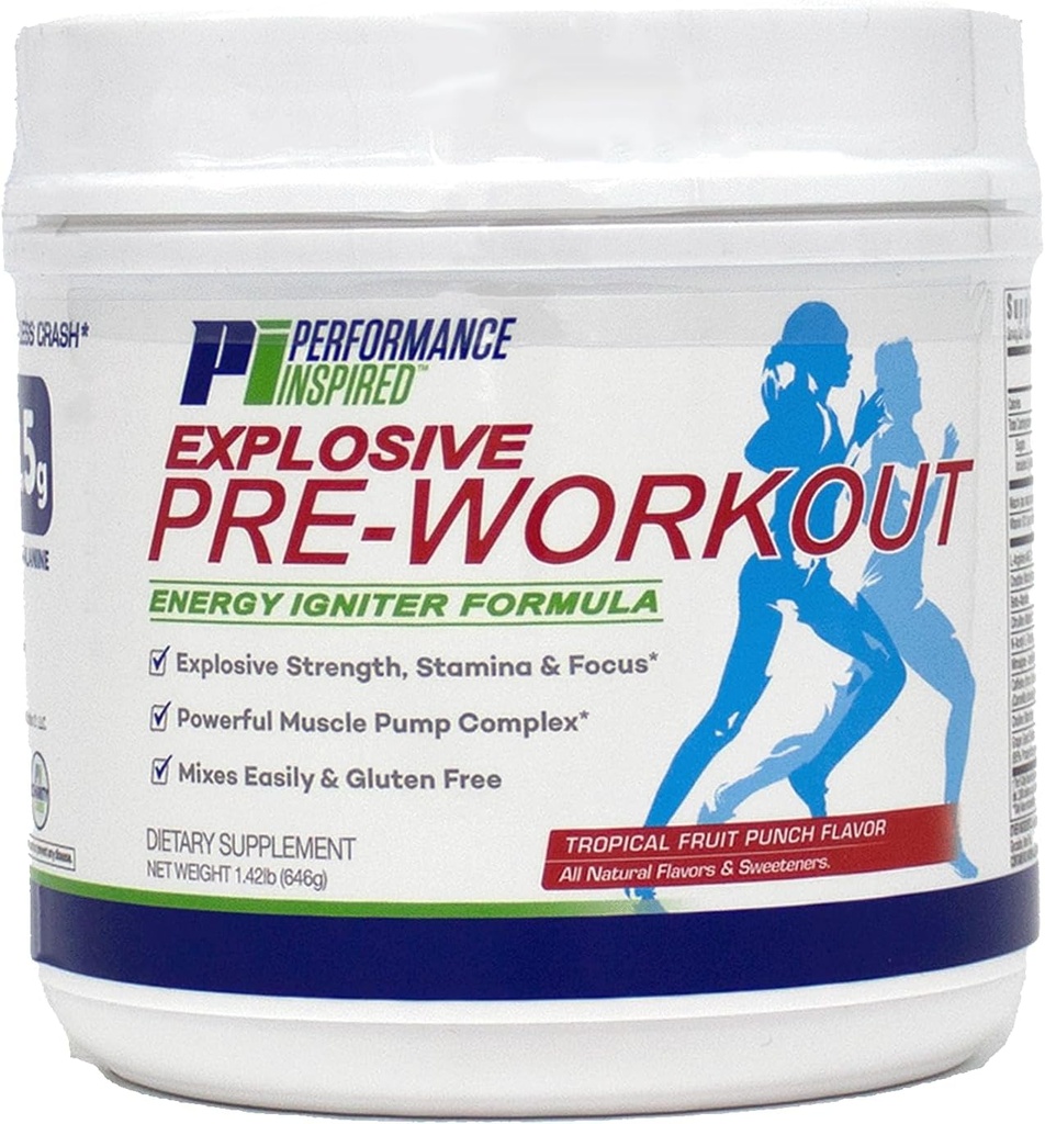 Performance Inspired Nutrition PreWorkout Powder - All Natural - G-Free & Vegan Formula - Contient Citrulline - Nitrosigine - Thé Vert - Arginine - Beta Alanine - Tropical Fruit Punch - 32 portions