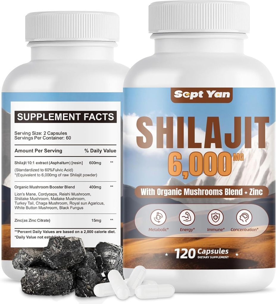 Shilajit Himalayan Capsules - Supplément biologique pur Himalayan avec mélange de champignons, Zinc - 2 mois d'approvisionnement pour la force, l'endurance, le cerveau et la santé immunitaire - Shilajit pour les femmes et les hommes 120 Comte Vegan