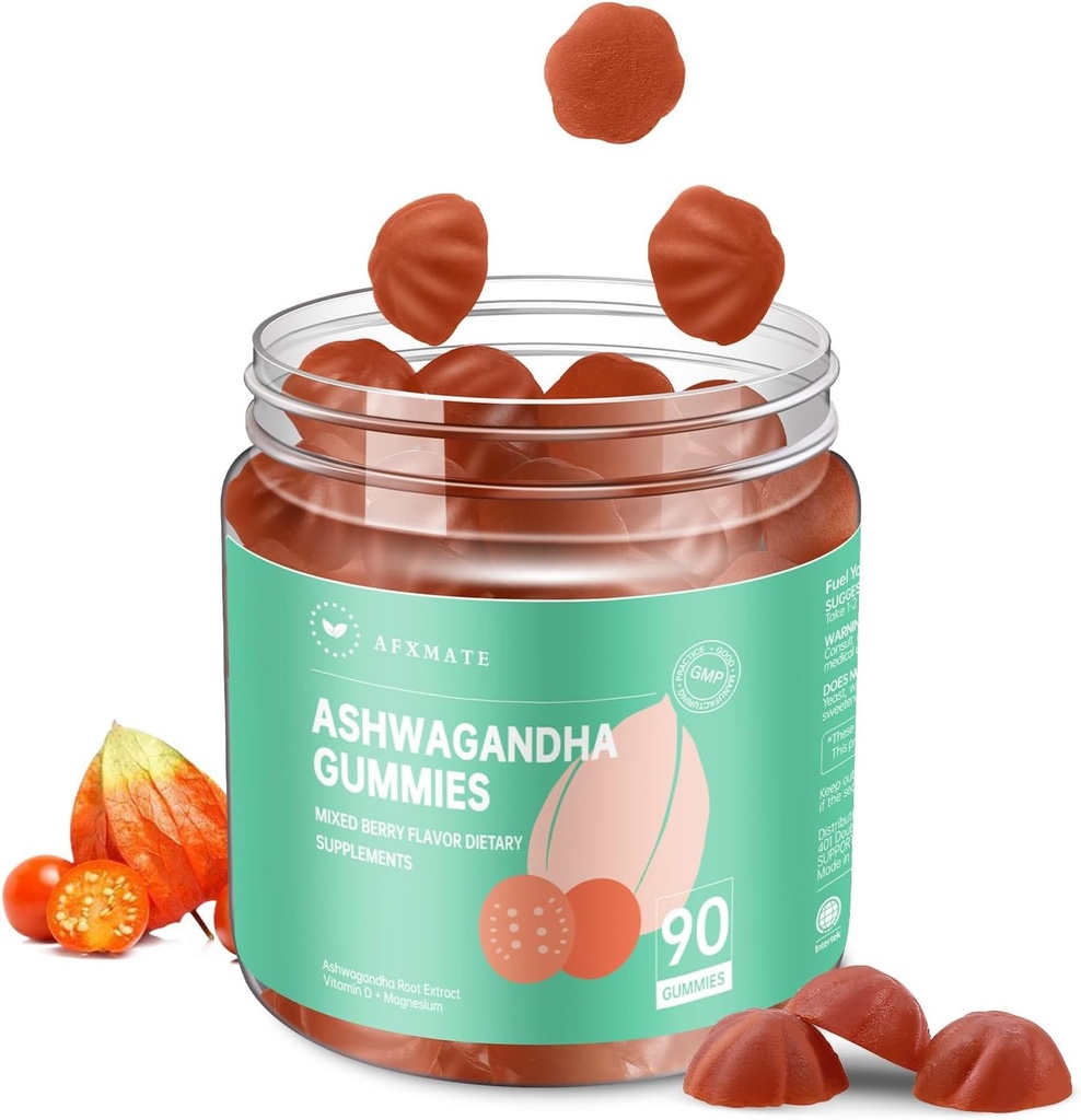 AFXMATE Ashwagandha Gummies pour femmes sans sucre, supplément Ashwagandha Gummy avec Magnésium Vegan (90 comtes)