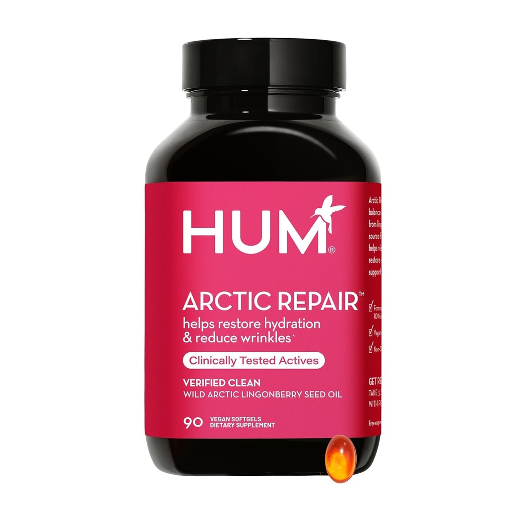 HUM Arctic Repair Clear Skin Supplement with Omega 3, Vitamine E, A, and Lingonberry Seed Oil, Peau Repair with Omega 3 6 9 pour aider à soutenir l'apparence des rides et de l'hydrate, 90 Vegan Softgels