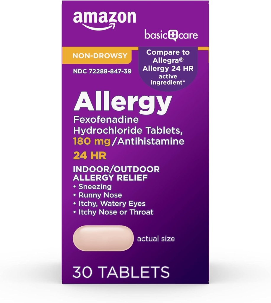 Soins de base Allergy Relief toute la journée, Comprimés de chlorhydrate de Fexofenadine, 180 mg, Antihistaminique, Non somnolent, Soulagement 24 heures sur 24, 30 Compte