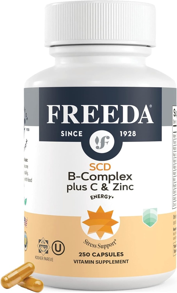 Complexe FREADA complet B avec vitamine C et zinc – Complexe Vitamine B légal SCD (B1, B2, B3, B6, B12) – 250 capsules végétariennes, convient à tous, y compris les abonnés du régime alimentaire SCD, soutien sanitaire quotidien