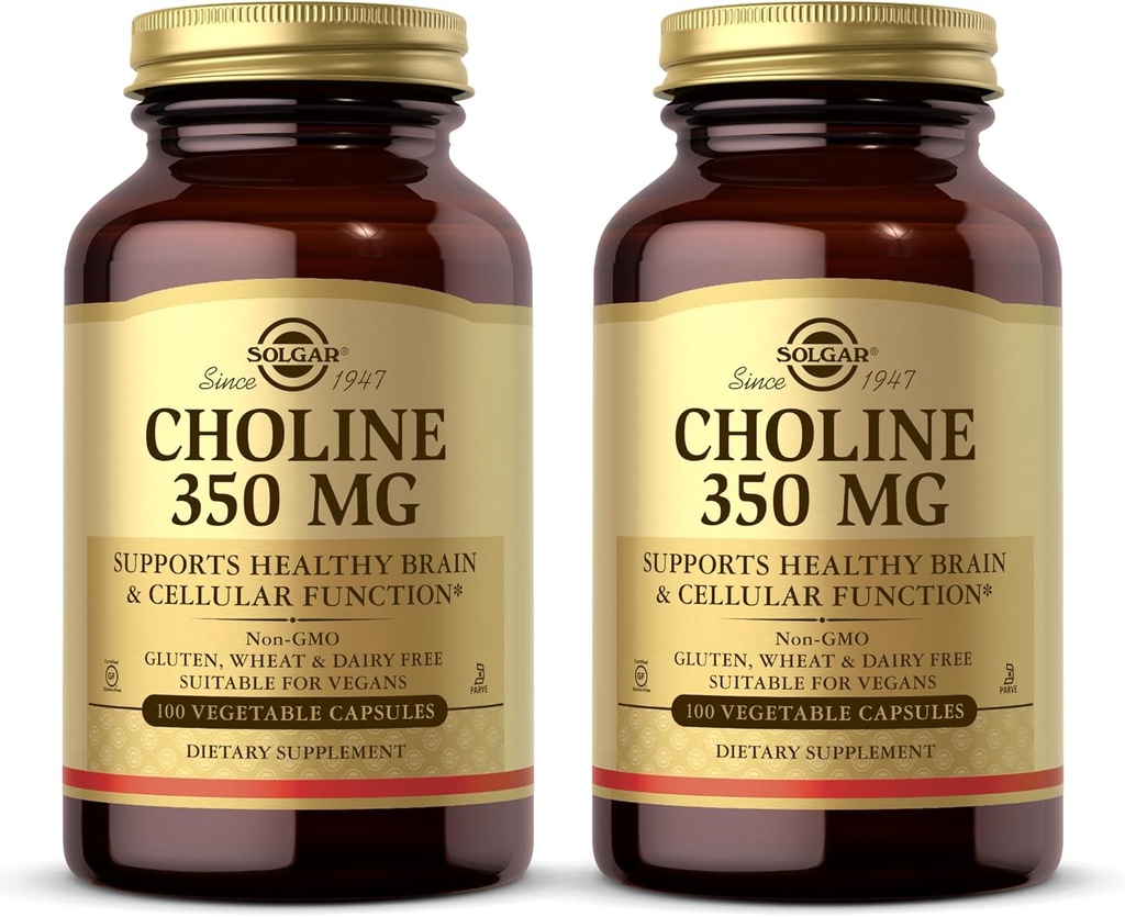 Solgar Choline 350 mg - 100 capsules végétales, boîte de 2 - non-OGM, végétalien, casher - 200 portions totales