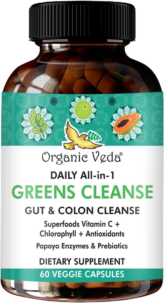 Super Greens Total Gut Health, Digestion & Colon Cleanse Supplement - All in One Organic superfoods, Turmeric, Papaya, Chlorophyll, Moringa, Psyllium Husk, Triphala, Digestive Enzymes – 60 Capsules